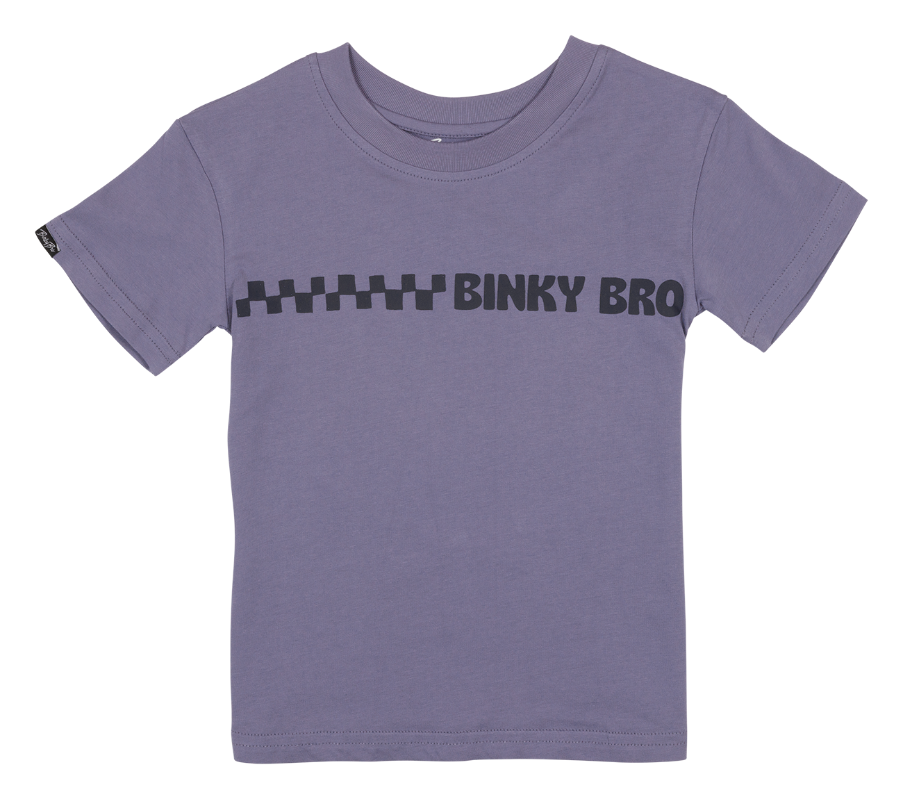 Purple children's t-shirt featuring a bold black "Binky Bro" graphic with a checkered pattern across the chest.