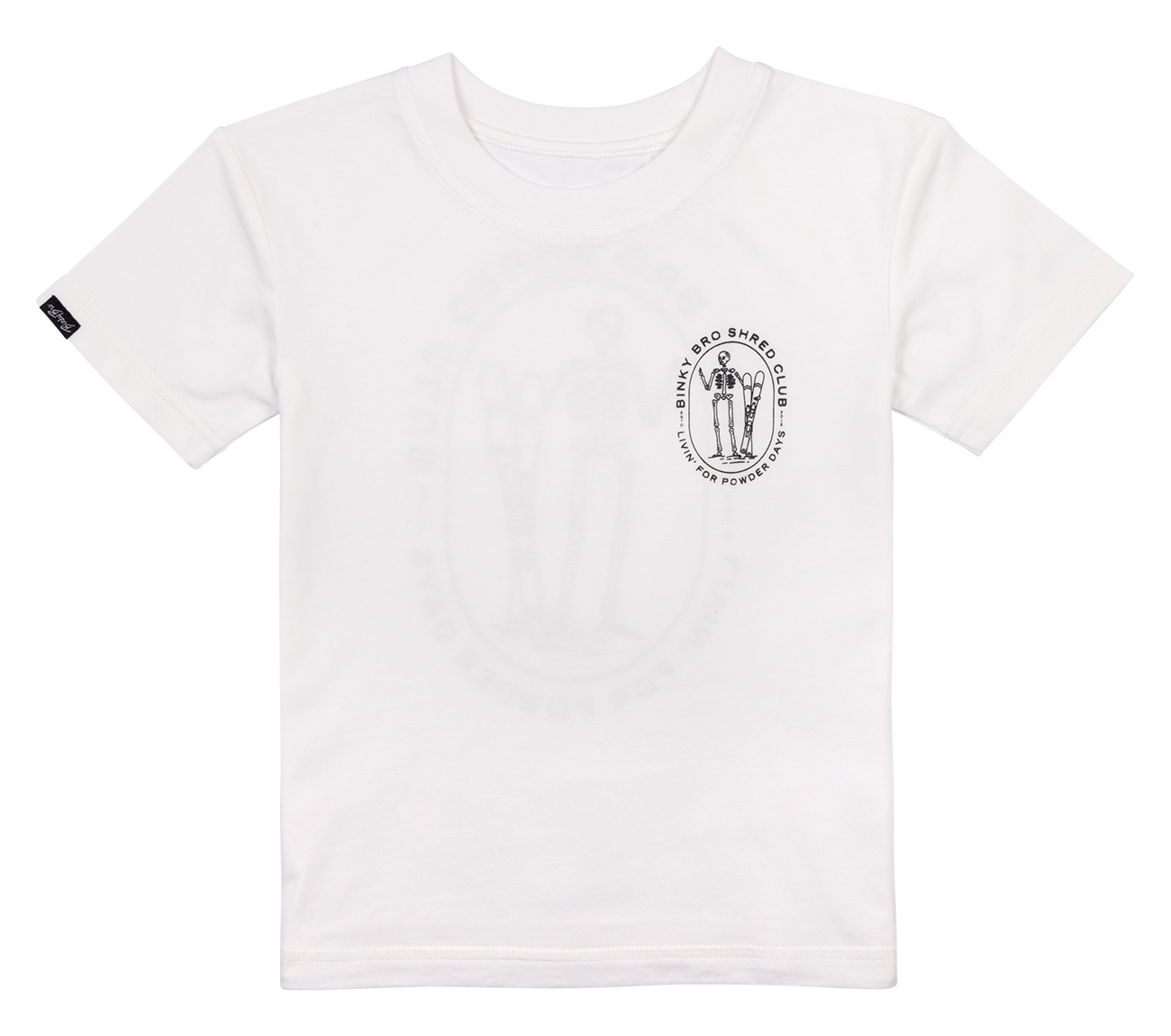 White toddler t-shirt featuring a circular graphic with a ski and snowboard design, promoting an active lifestyle.