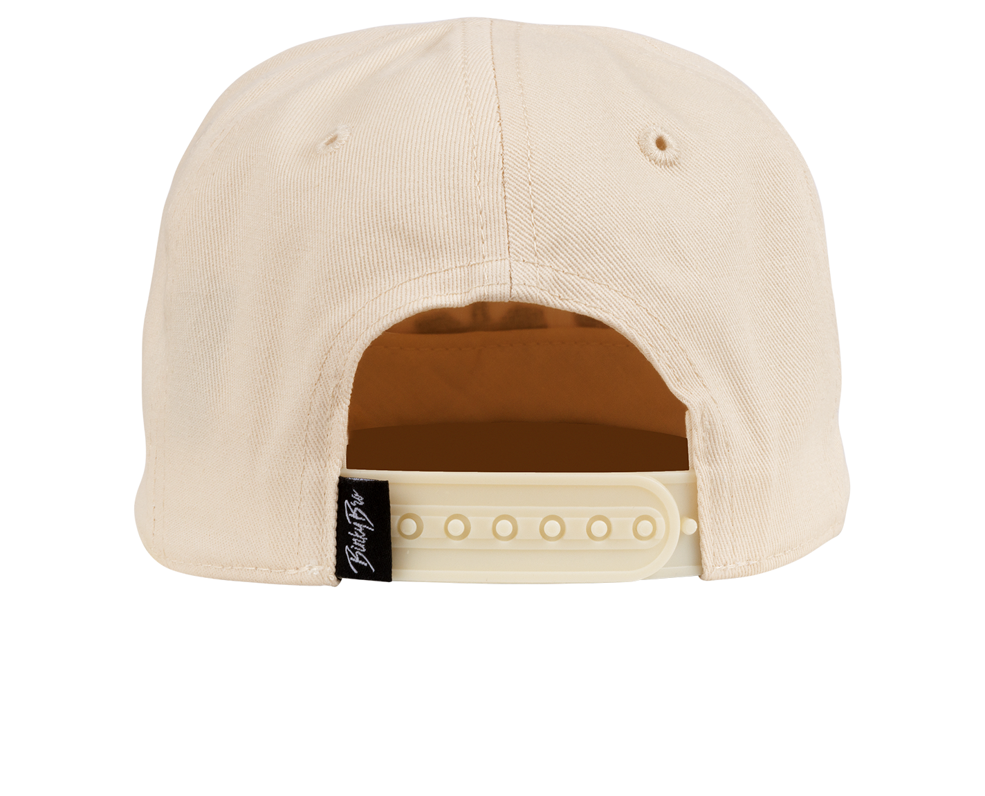 Back view of a beige snapback hat featuring an adjustable strap and a logo tag, designed for stylish youth apparel.