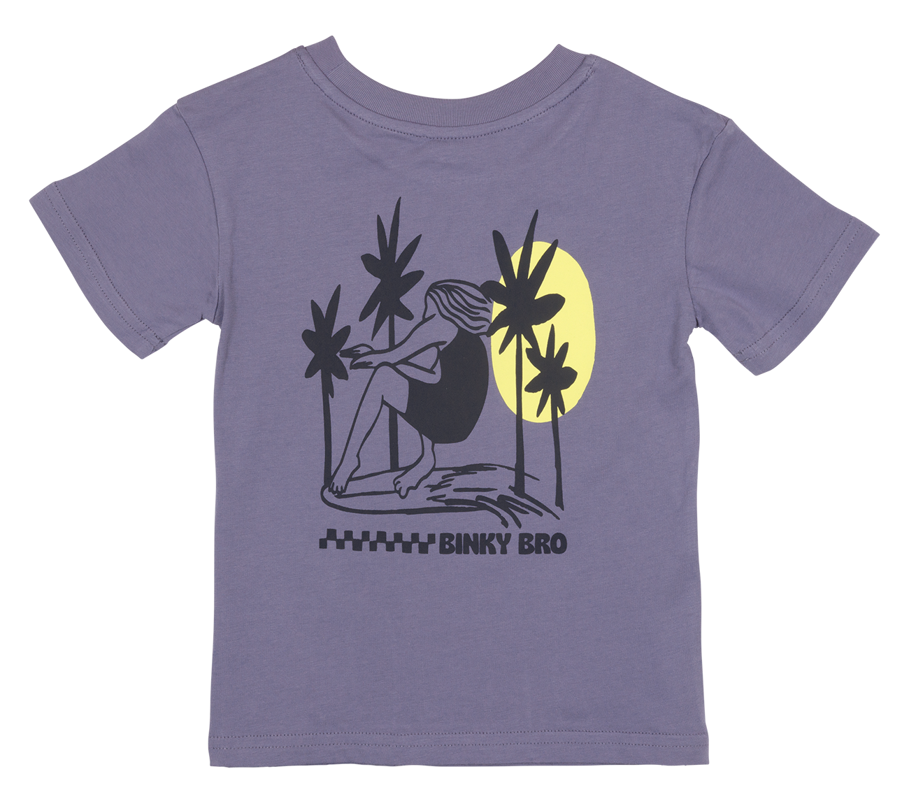 Purple toddler t-shirt featuring a surfer silhouette with palm trees and a yellow moon, designed for stylish kids.
