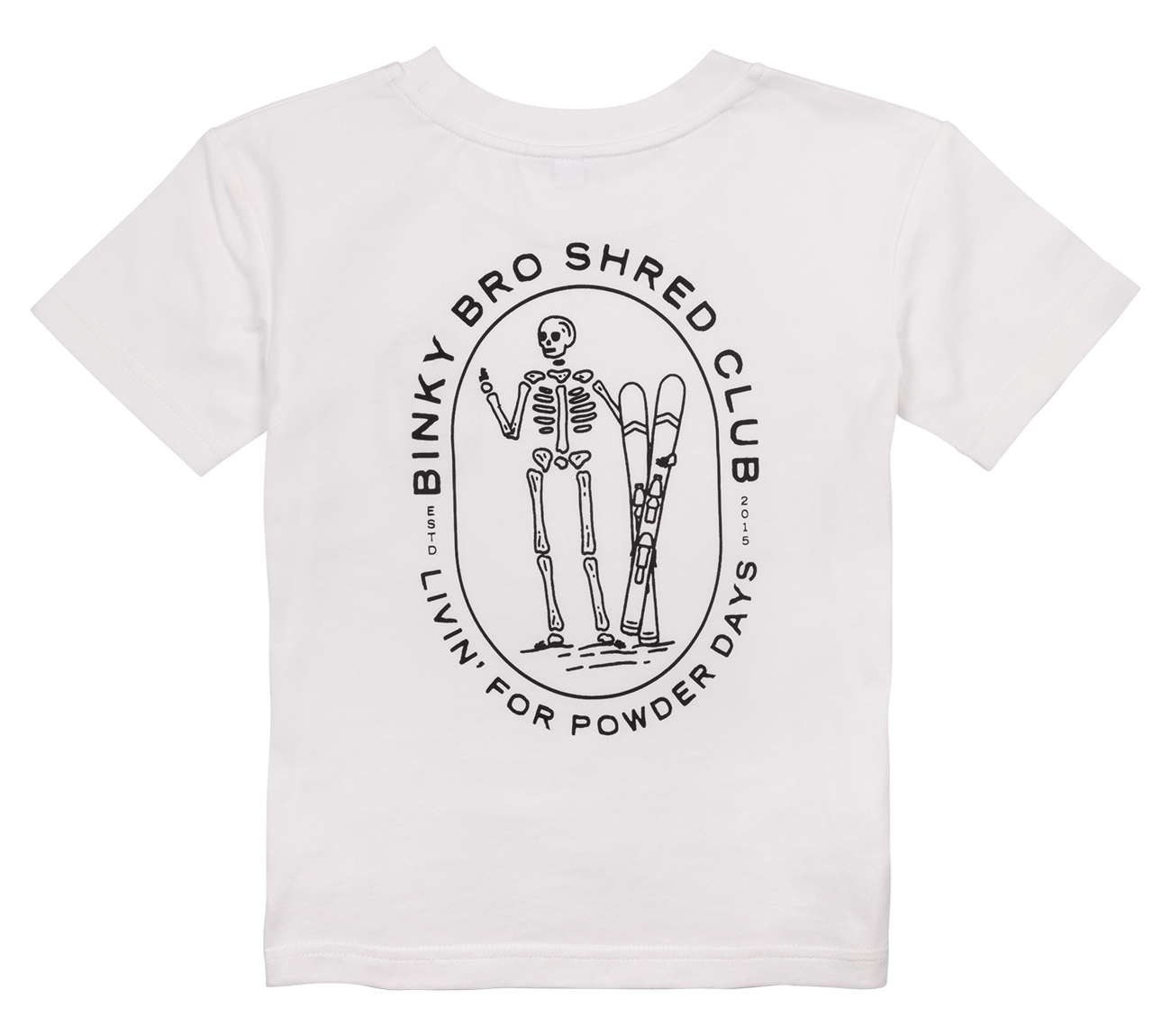 White youth t-shirt featuring a skeleton graphic with skis and the text "Binky Bro Shred Club" for stylish winter wear.