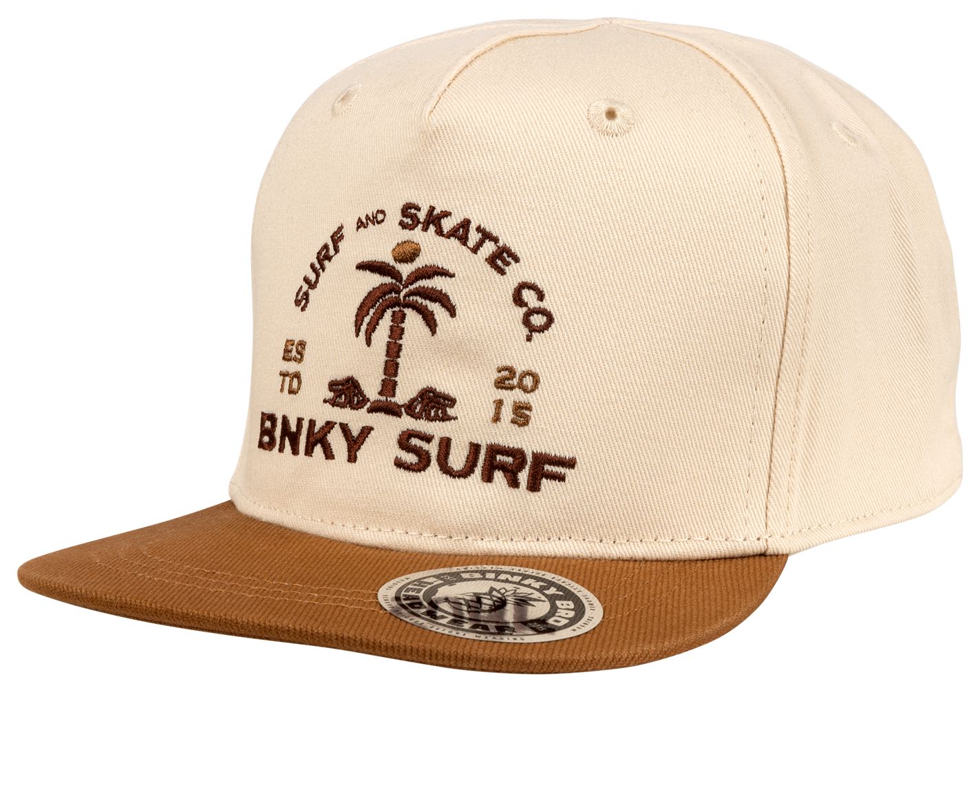 Stylish beige snapback hat with brown brim featuring BNKY Surf logo and palm tree design, perfect for kids' surf lifestyle.