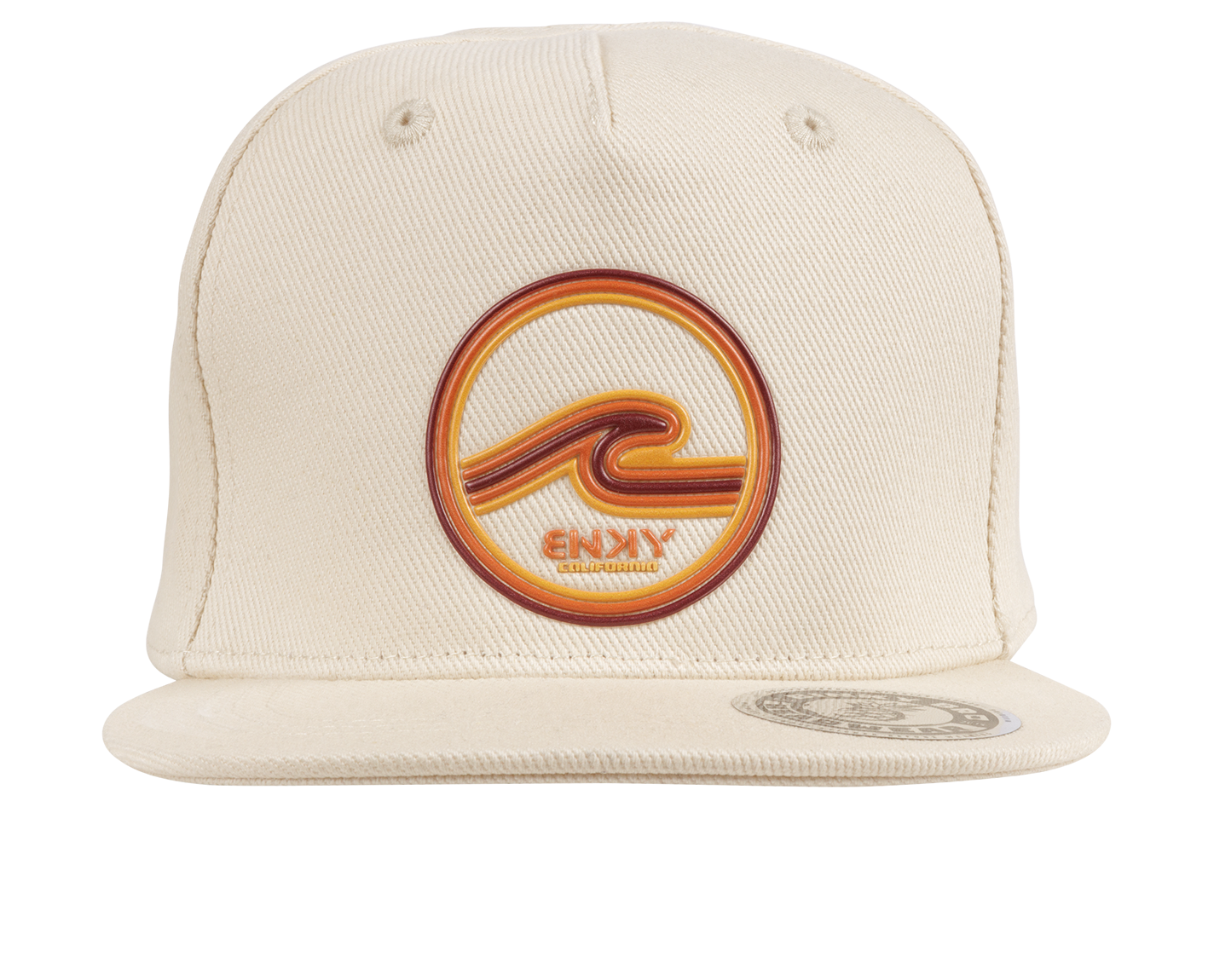 Stylish beige snapback hat featuring a vibrant wave logo, perfect for kids embracing a surf-snow-skate lifestyle.