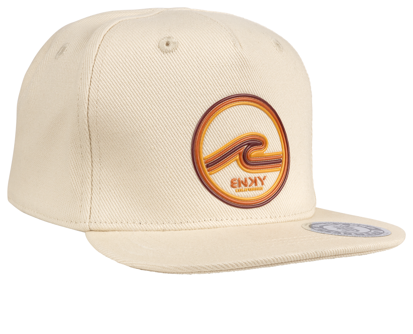 Cream snapback hat featuring a colorful wave logo, perfect for stylish kids embracing a surf-snow-skate lifestyle.