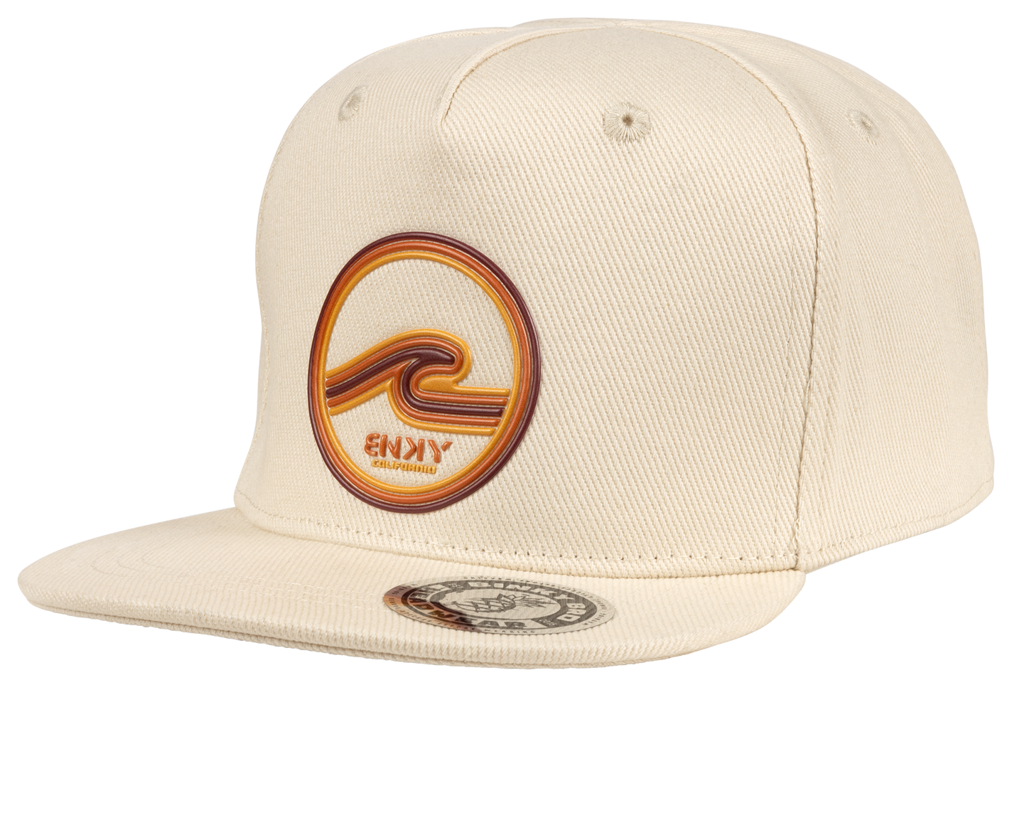 Stylish cream snapback hat featuring a vibrant wave logo, perfect for young surf and skate enthusiasts.