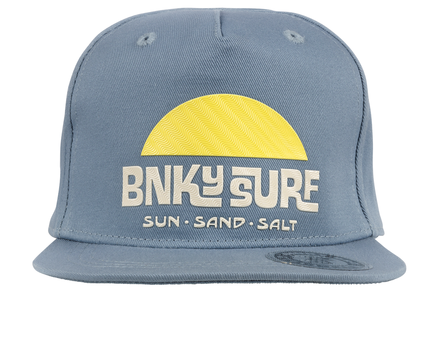 Stylish blue snapback hat featuring a yellow sun graphic and "BNKY SURE" text, perfect for kids' outdoor adventures.