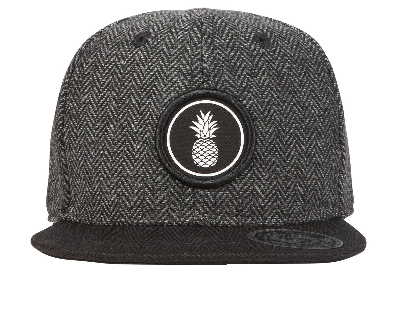 Stylish black herringbone snapback hat featuring a circular pineapple logo, perfect for kids celebrating their uniqueness.
