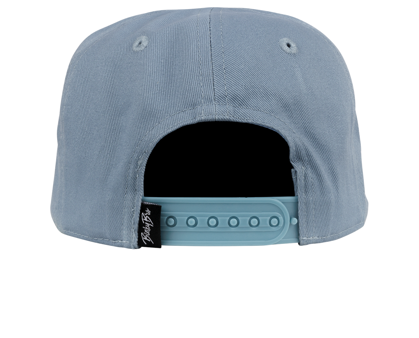 Light blue snapback hat with an adjustable strap and a black brand tag on the back, designed for kids.