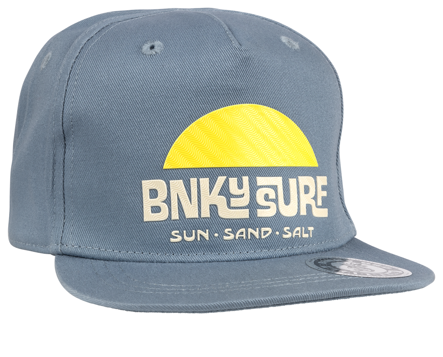 Stylish gray snapback hat featuring a yellow sun graphic and "BNKY SURF" text, perfect for kids' outdoor adventures.
