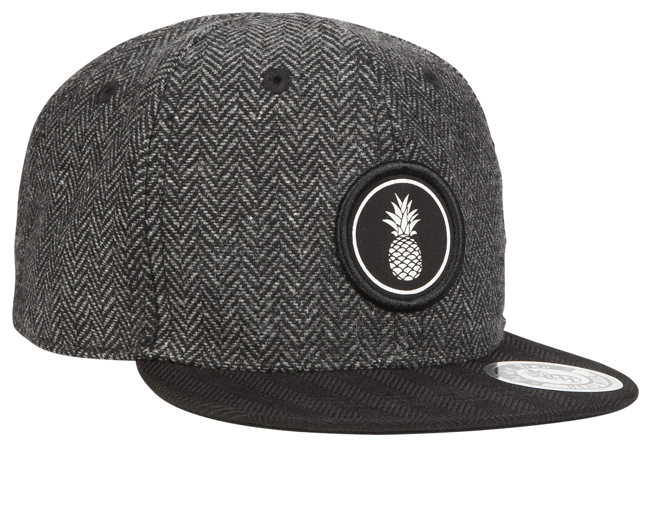 Stylish black and gray herringbone snapback cap featuring a pineapple logo, perfect for trendy kids and youth.