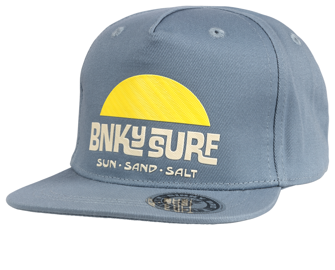 Stylish blue snapback hat featuring a yellow sun graphic and "BNKY SURE" text, perfect for kids' outdoor adventures.