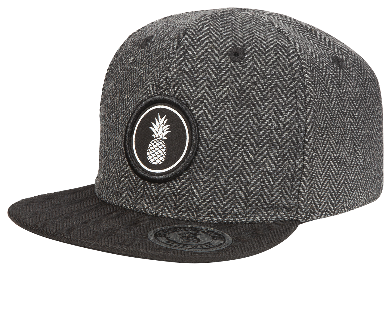 Stylish black and gray herringbone snapback hat featuring a pineapple logo, perfect for trendy kids and youth.