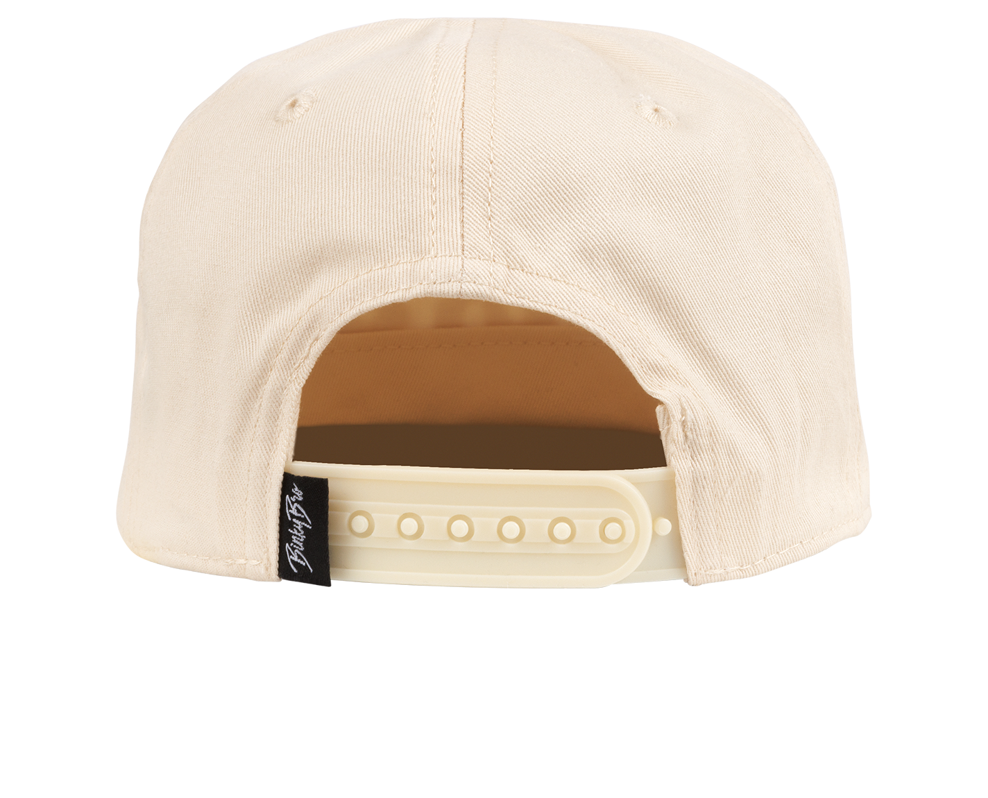 Back view of a beige snapback hat featuring an adjustable strap and a logo tag, designed for kids' stylish outdoor wear.