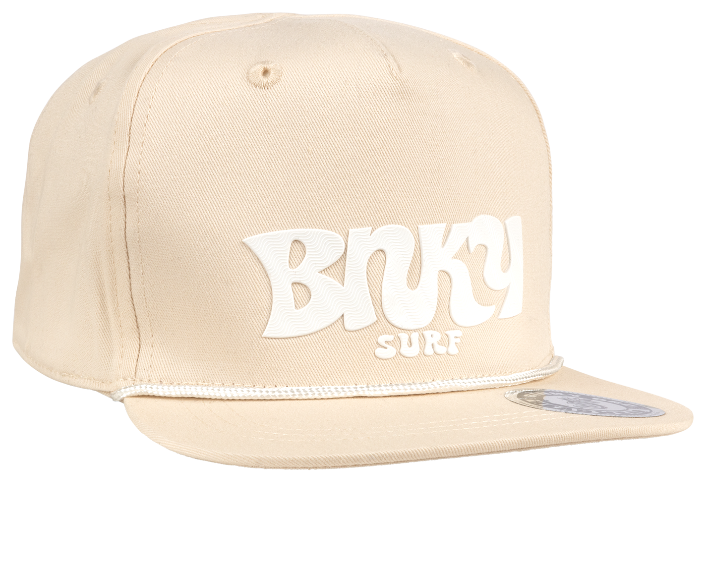 Stylish beige snapback hat with white "Binky Surf" logo, perfect for kids embracing a surf-snow-skate lifestyle.