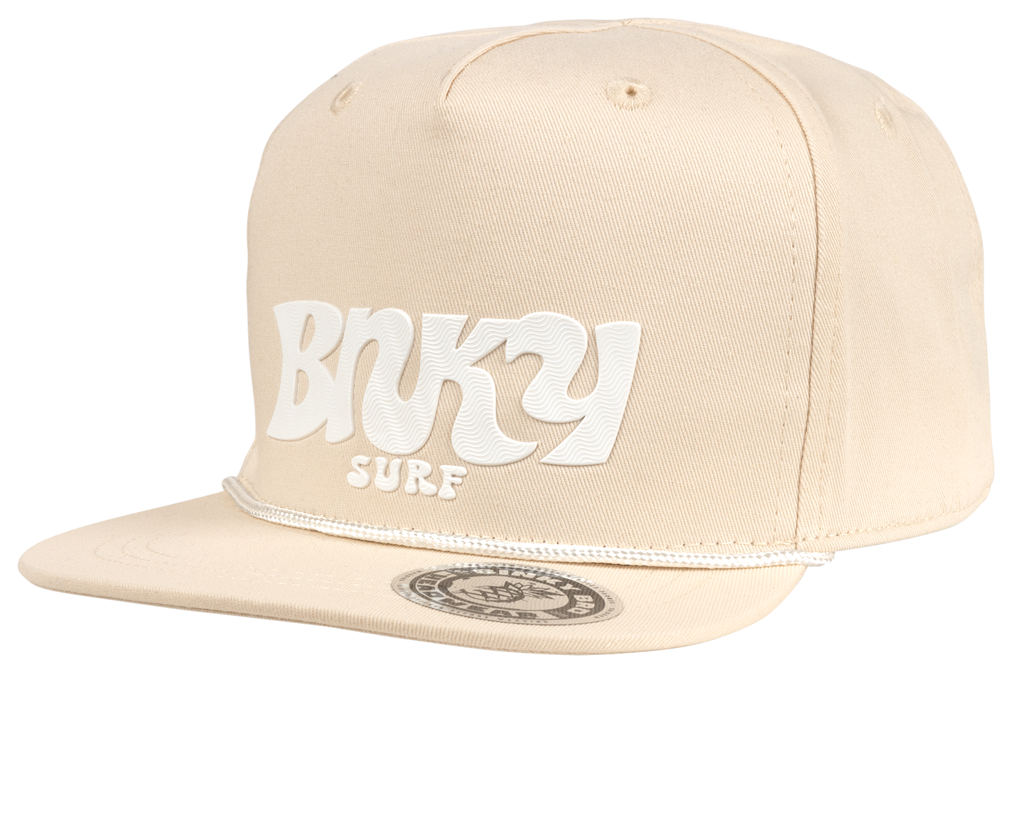 Stylish beige snapback hat with bold white "BNKY SURF" logo, perfect for kids embracing a surf lifestyle.