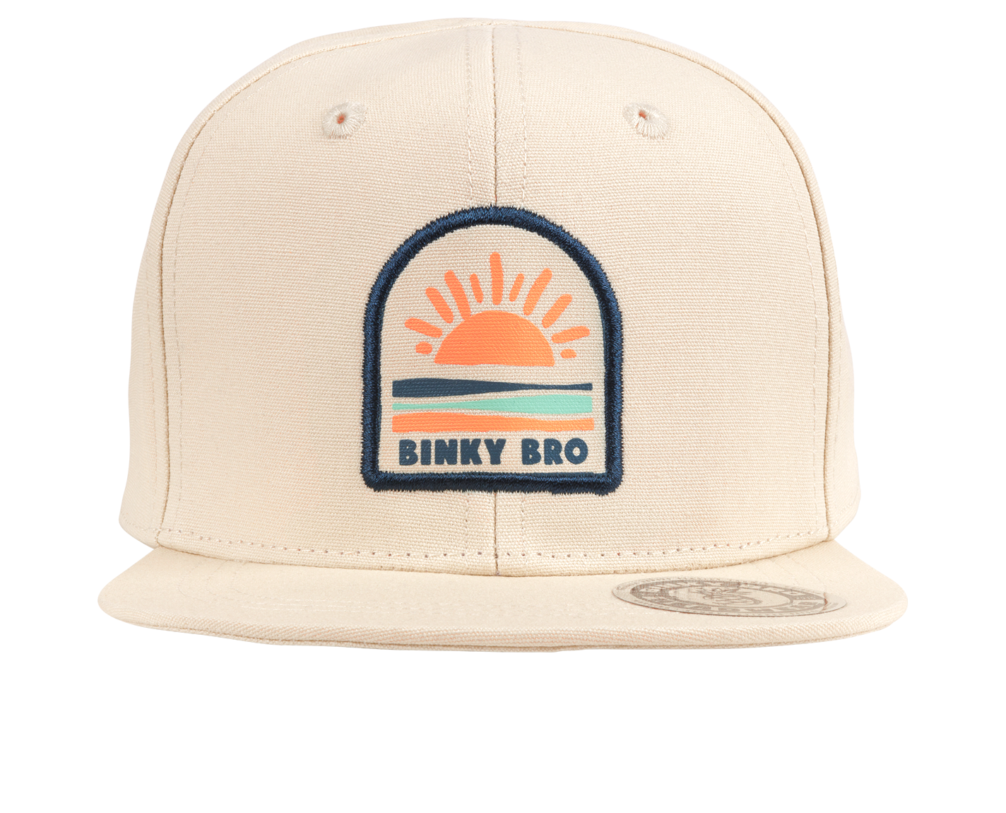 Stylish beige snapback hat featuring a colorful sun and wave design, perfect for kids' surf-snow-skate lifestyle.