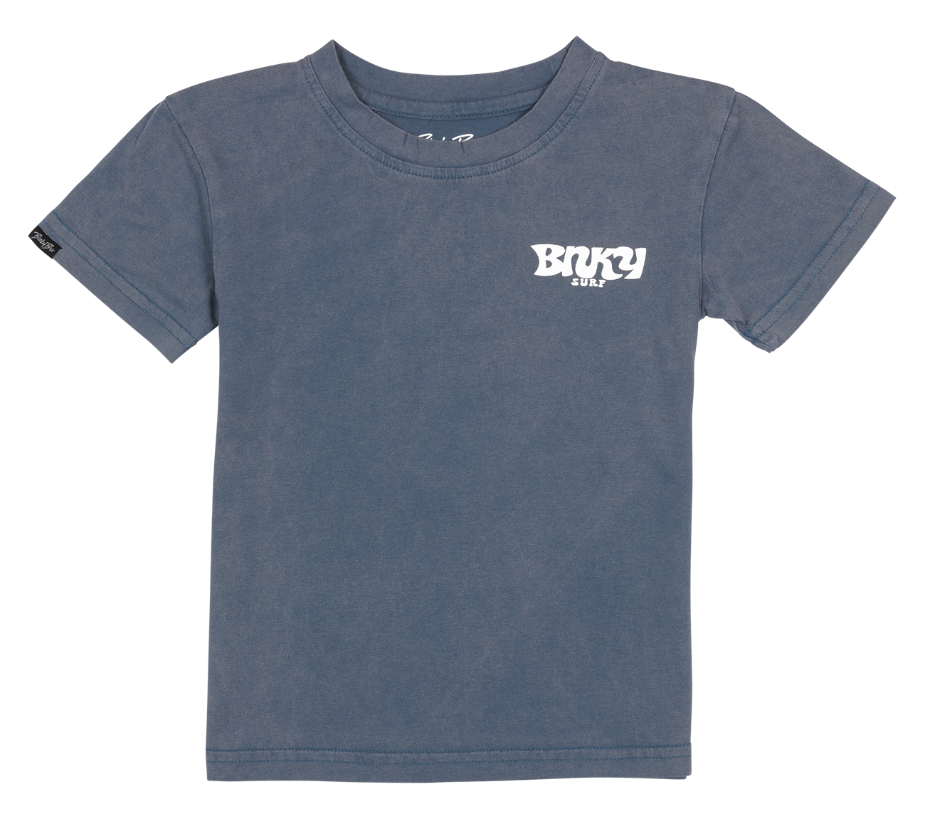 Blue short-sleeve t-shirt for kids featuring the BinkyBro logo on the chest, designed for a stylish surf-snow-skate lifestyle.