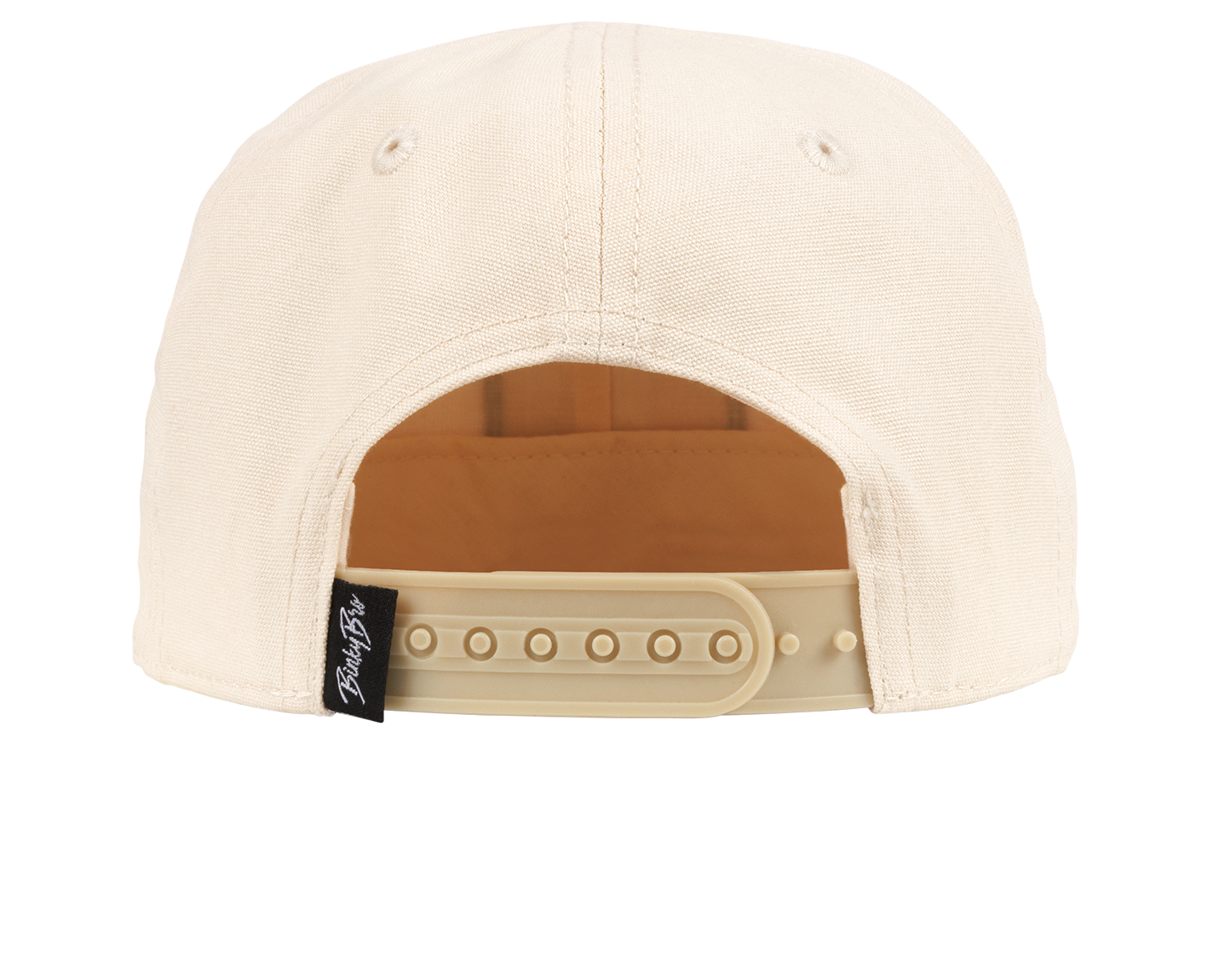 Back view of a beige snapback hat featuring an adjustable strap and a branded tag, designed for stylish youth wear.