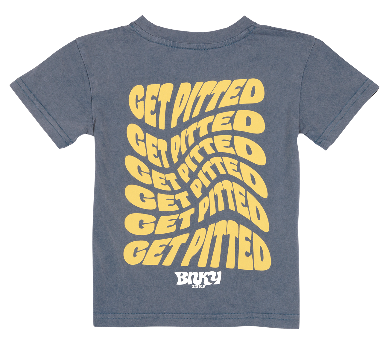 Youth t-shirt featuring a retro-style design with the phrase "Get Pitted" in bold yellow text on a blue background.