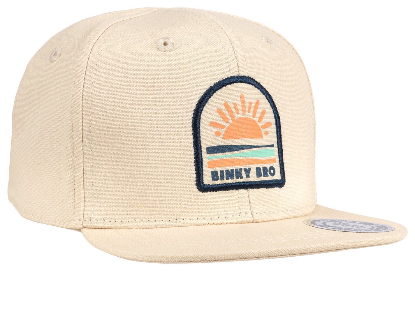 Stylish beige snapback hat featuring a colorful sunset design and Binky Bro logo, perfect for kids' outdoor adventures.