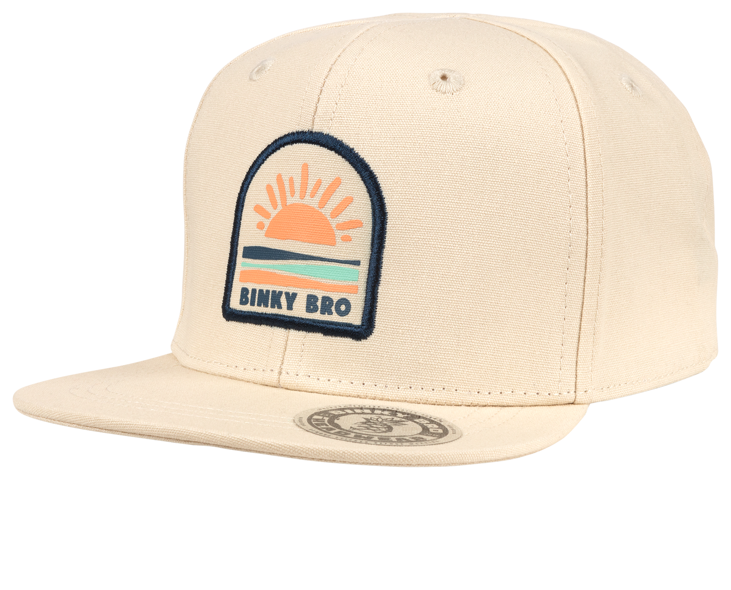 Stylish beige snapback hat featuring a colorful sunset graphic and Binky Bro logo, perfect for kids' outdoor adventures.