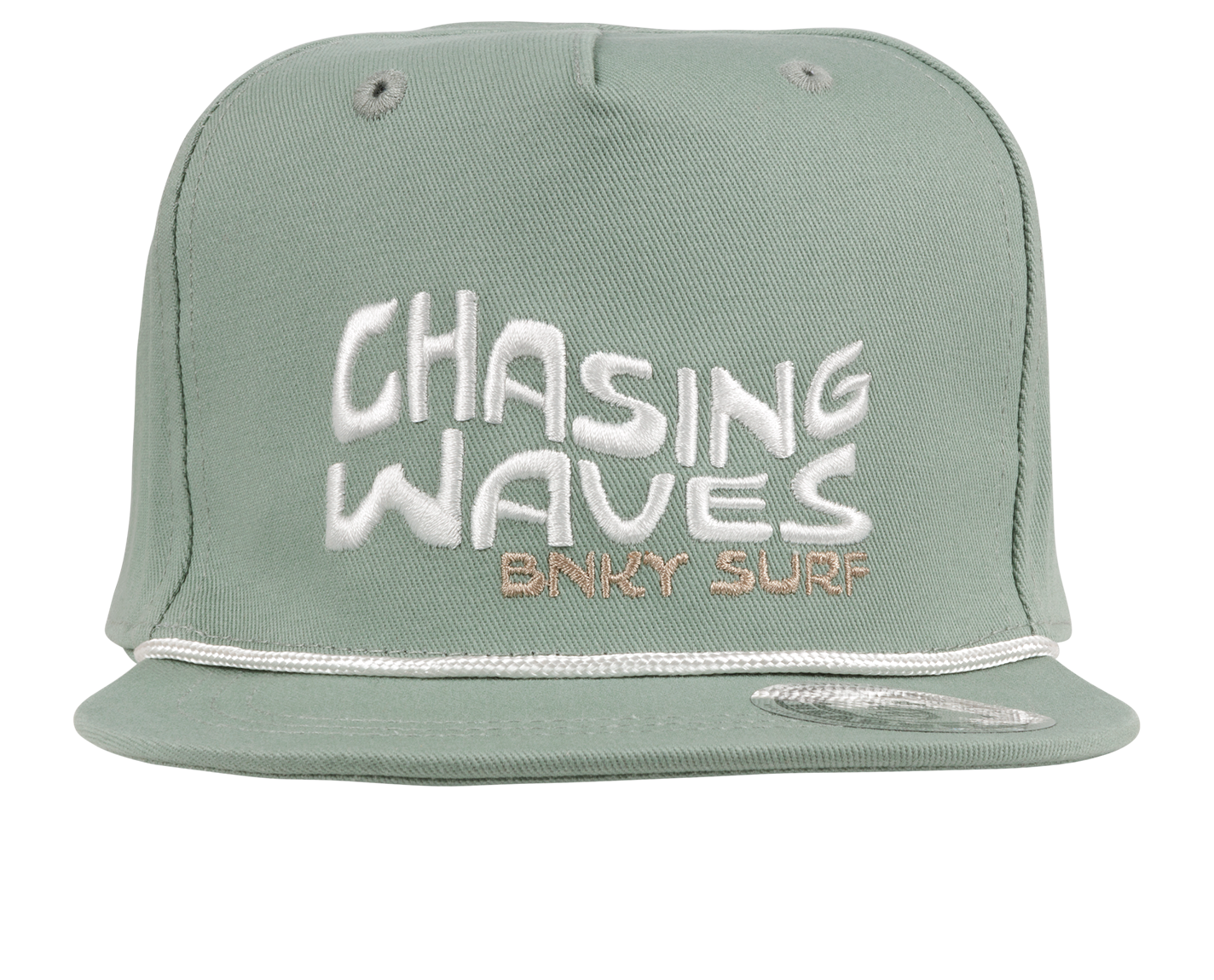 Stylish green snapback hat featuring "Chasing Waves" embroidered in white and beige, perfect for surf-loving kids.
