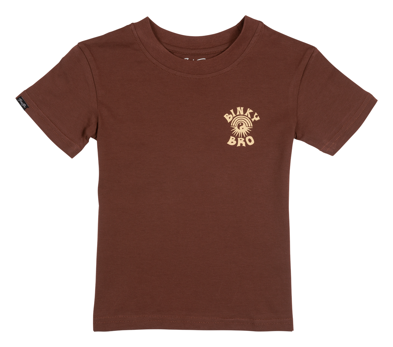 Brown short-sleeve t-shirt for kids featuring a BinkyBro logo in yellow on the front, perfect for stylish little ones.