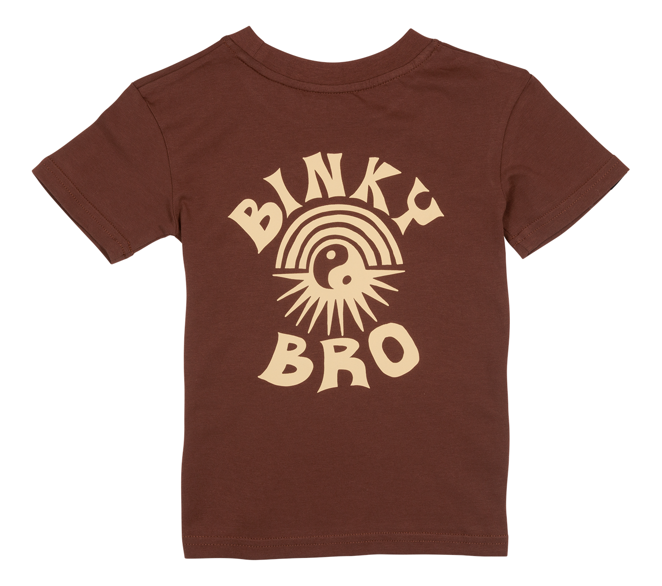 Brown toddler t-shirt featuring a retro-style "Binky Bro" graphic with a sun and rainbow design.