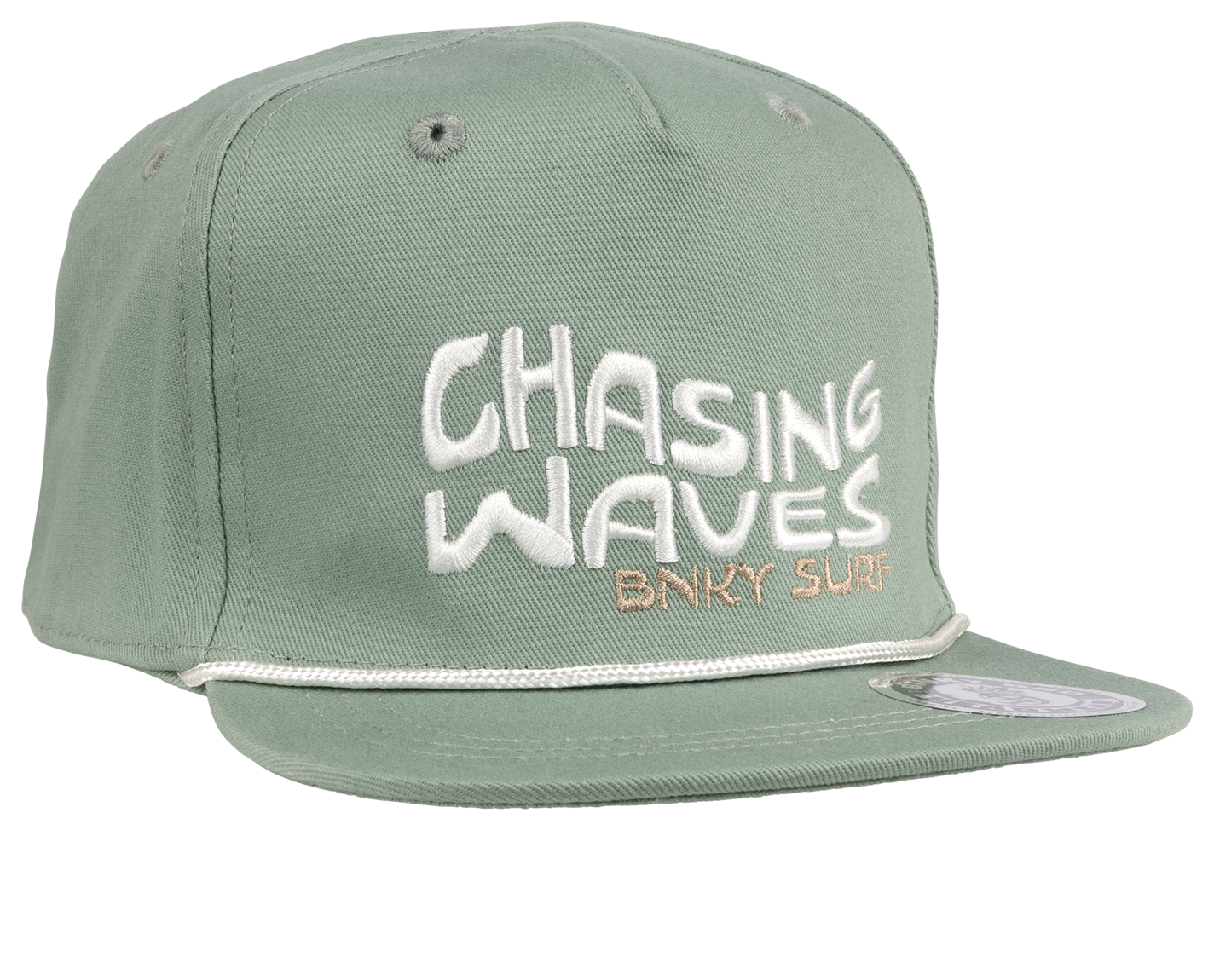 Stylish green snapback hat featuring "Chasing Waves" embroidered in white and peach, perfect for surf-loving kids.
