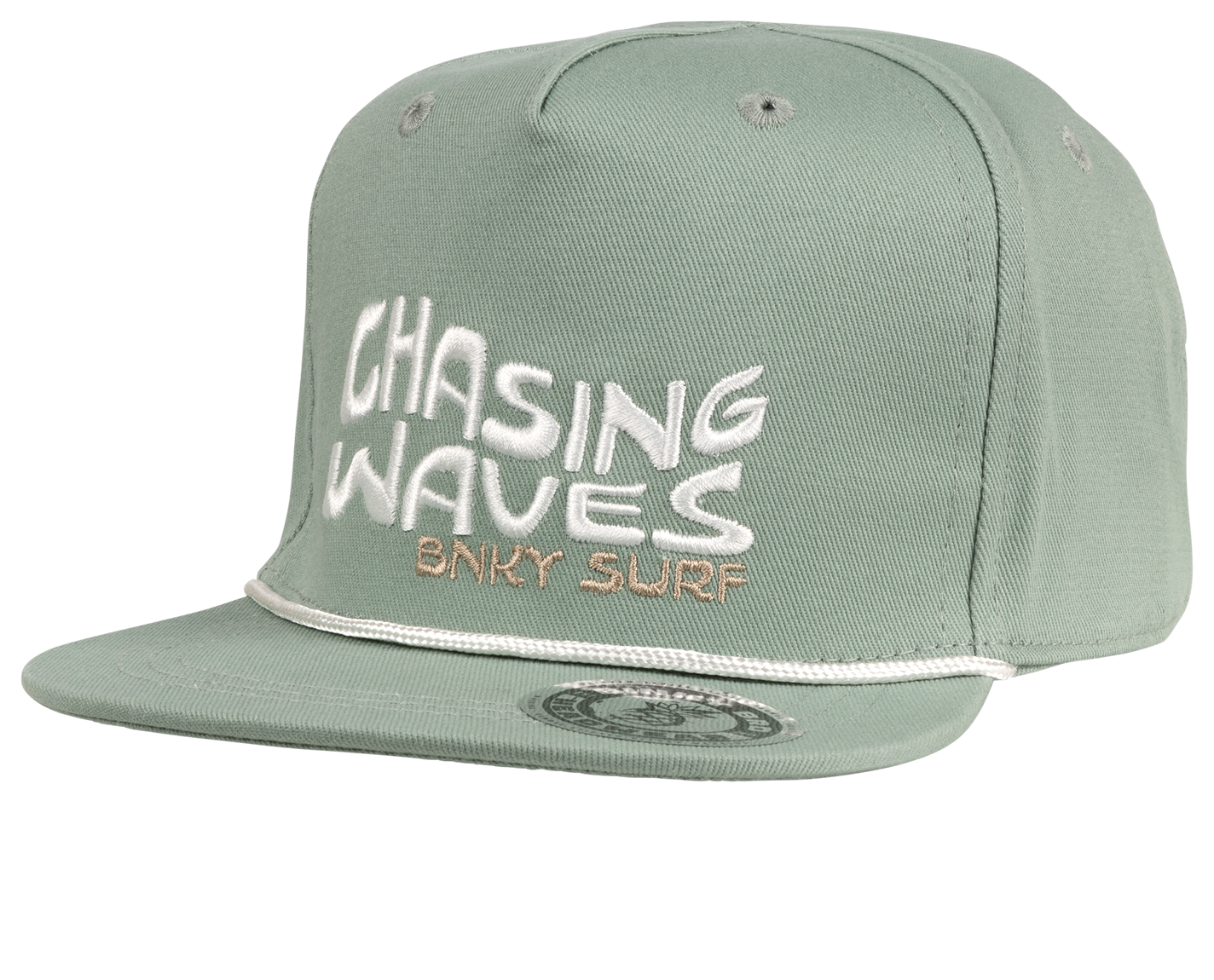 Stylish green snapback hat featuring "Chasing Waves" embroidered in white, perfect for surf-loving kids.