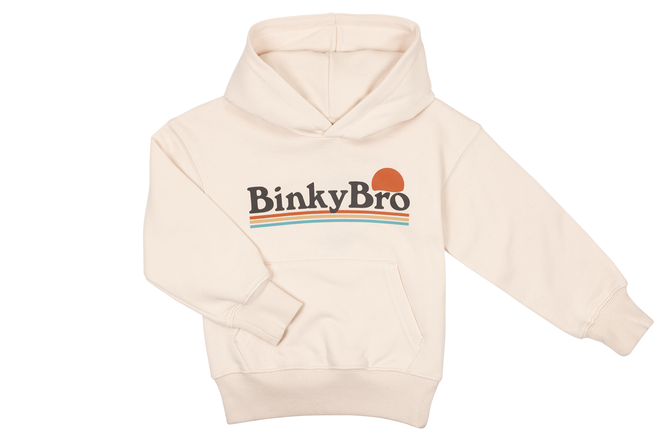 Cream-colored hoodie featuring a retro BinkyBro logo with a sun and colorful stripes, designed for kids.