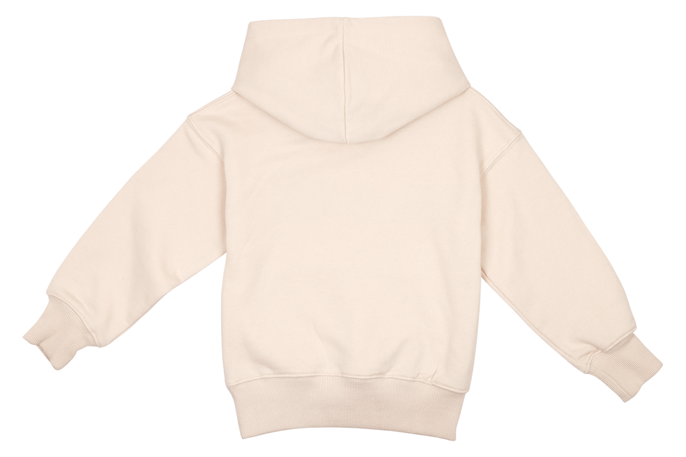 Back view of a cream-colored BinkyBro hoodie designed for infants and toddlers, featuring a cozy hood and relaxed fit.