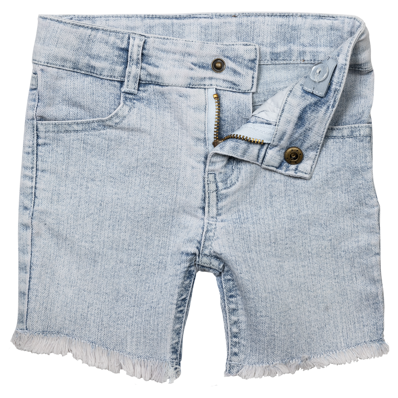Light washed denim shorts with a frayed hem, featuring a front zipper and button closure, designed for kids.