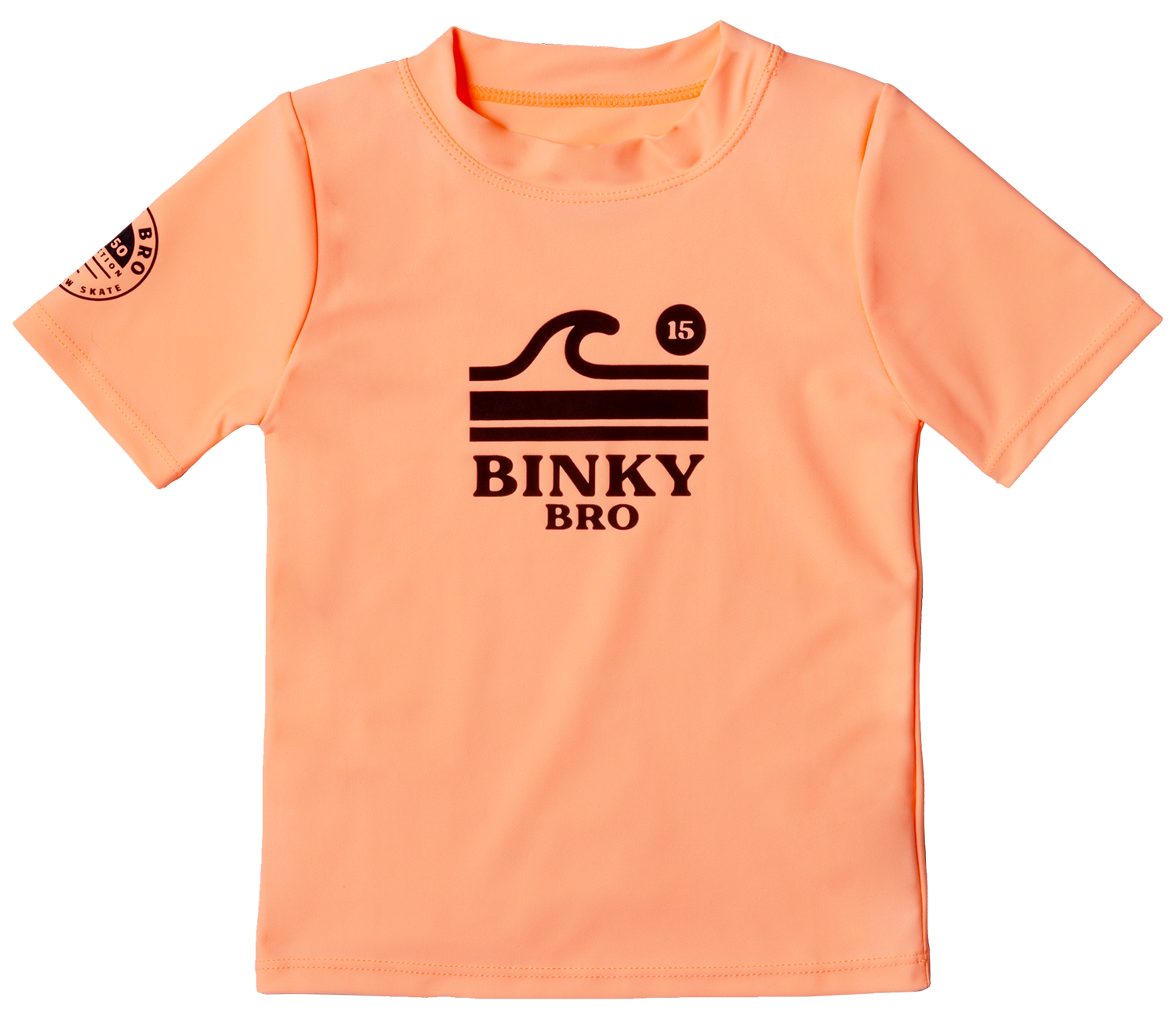Stylish Santos Orange rash guard featuring BinkyBro logo, designed for active infants and toddlers. Ideal for sun protection.