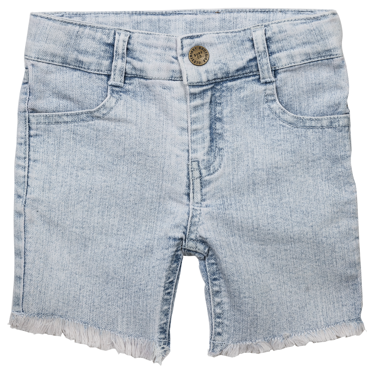 Light-washed denim shorts with a frayed hem, designed for infants and toddlers, perfect for a stylish summer look.
