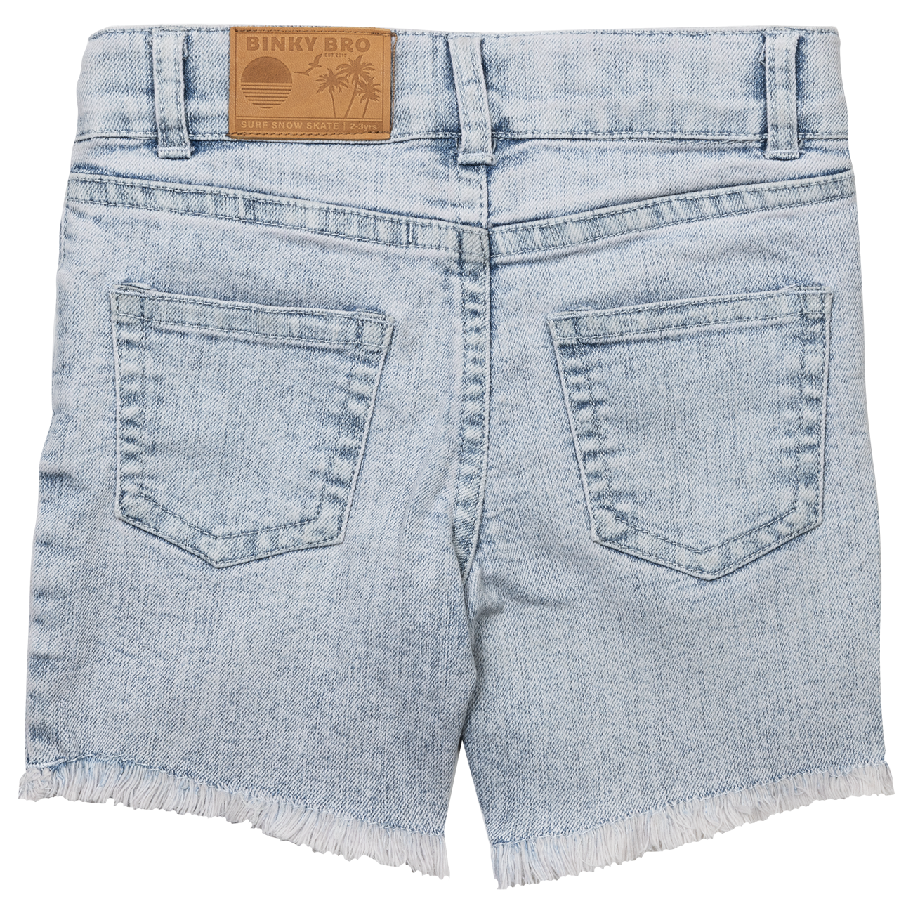 Light-wash denim shorts with a frayed hem and back pockets, featuring a branded leather patch on the waistband.