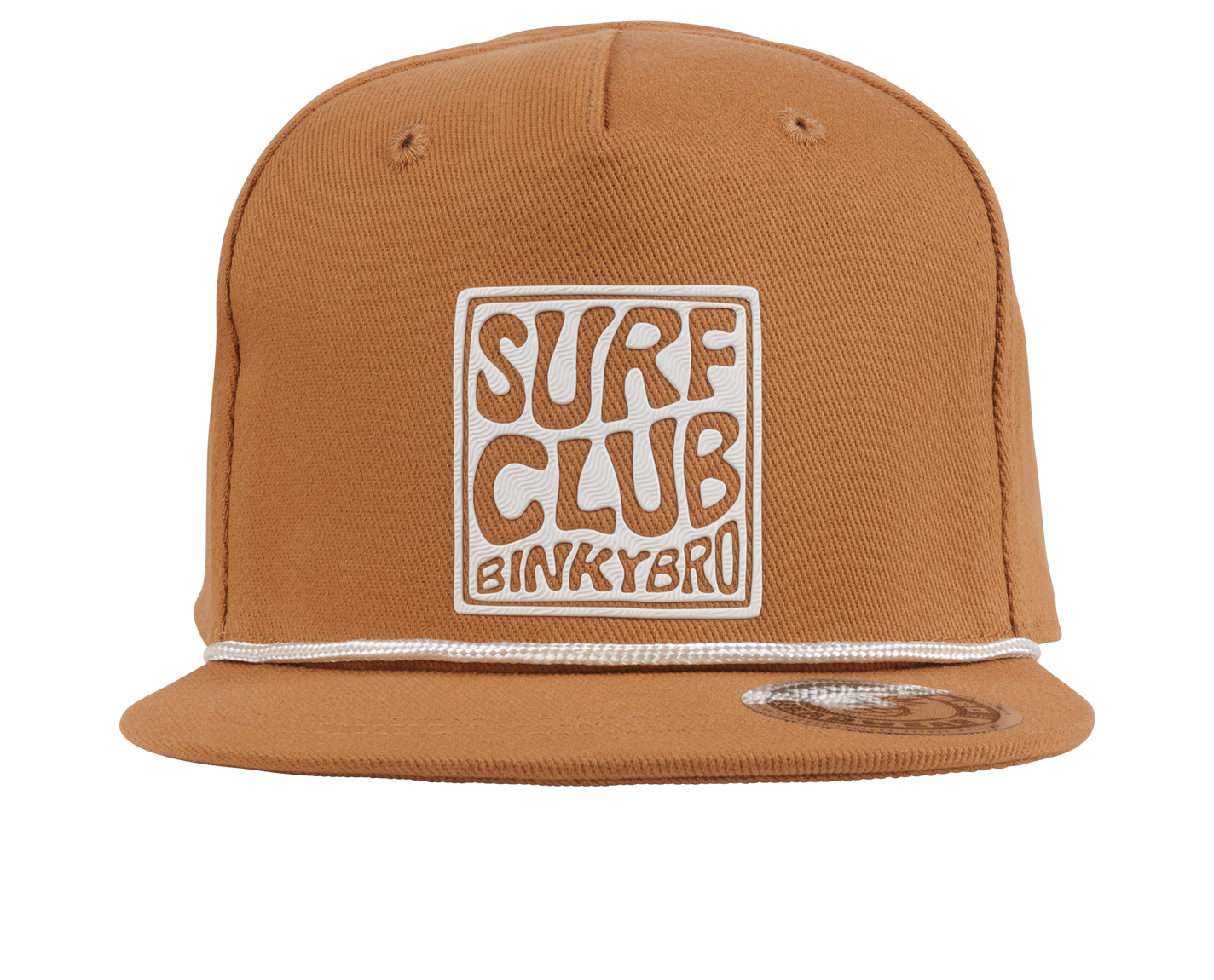 Brown snapback hat featuring a bold "SURF CLUB" graphic and a white rope detail, designed for stylish youth wear.