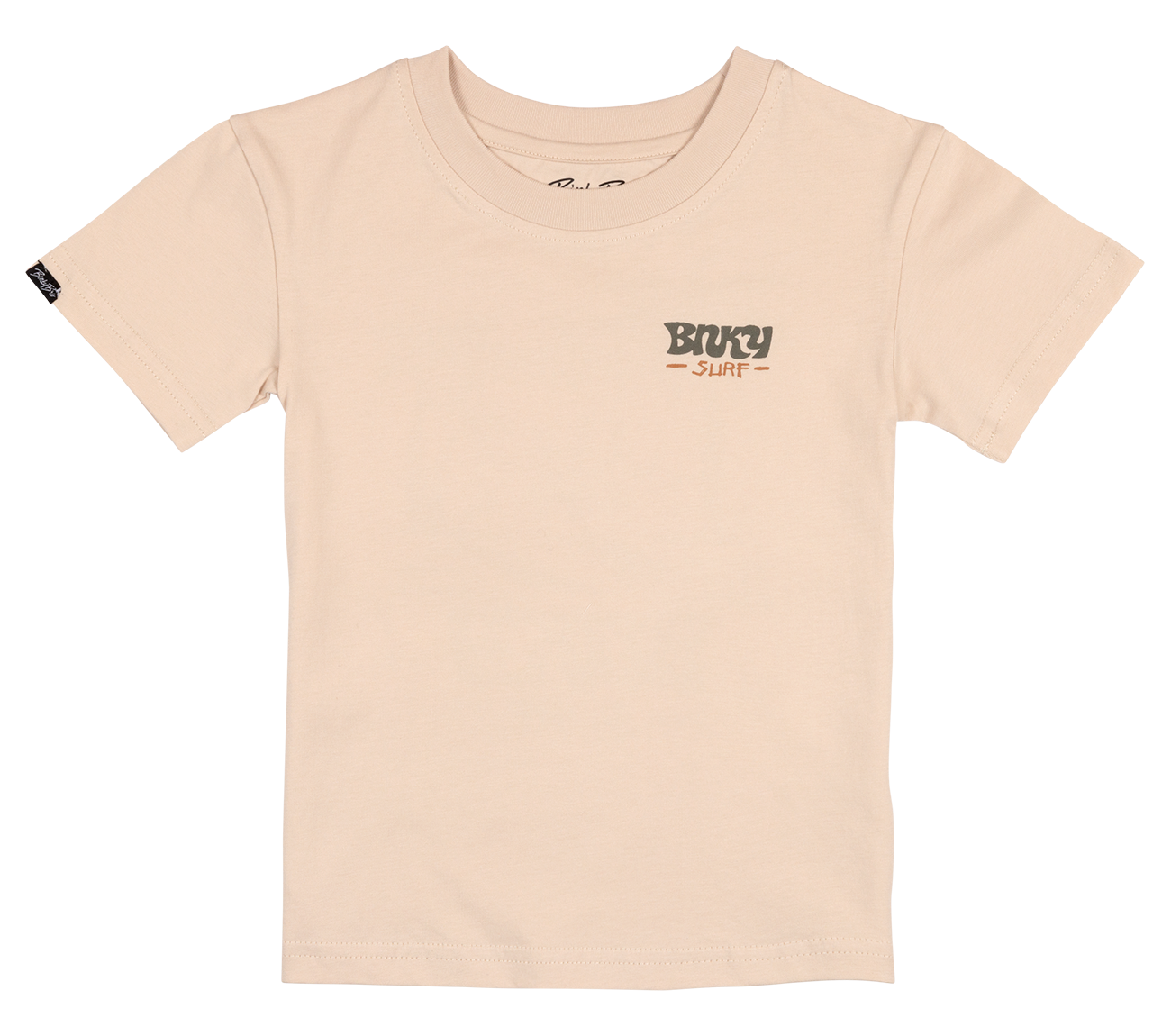 Light beige toddler t-shirt featuring a small BinkyBro surf logo on the chest, perfect for stylish, active kids.