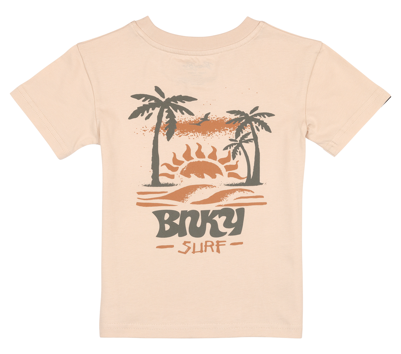 Light beige t-shirt featuring a sunset and palm tree graphic with "Binky Surf" text, perfect for kids' casual wear.
