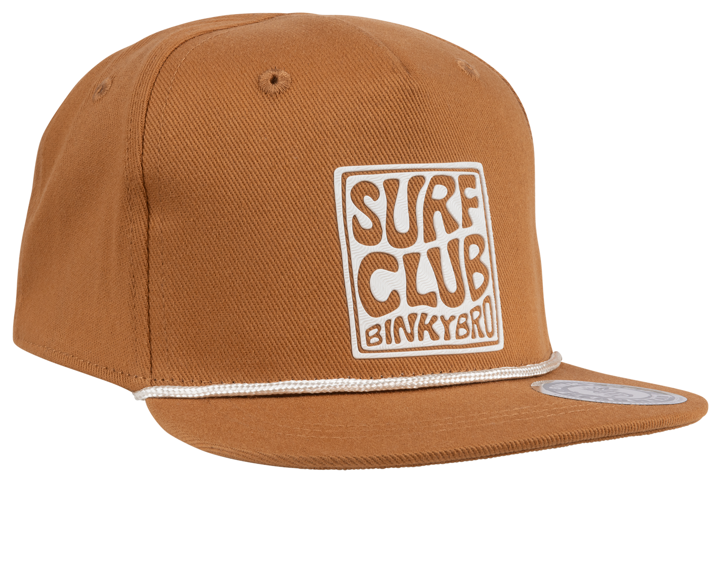 Stylish brown snapback hat featuring "SURF CLUB BINKYBRO" logo, perfect for kids embracing a surf lifestyle.