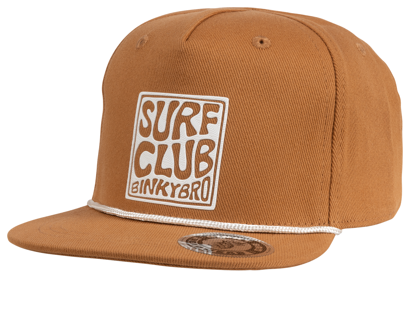 Stylish brown snapback hat featuring "SURF CLUB BINKYBRO" logo, perfect for young surf and skate enthusiasts.