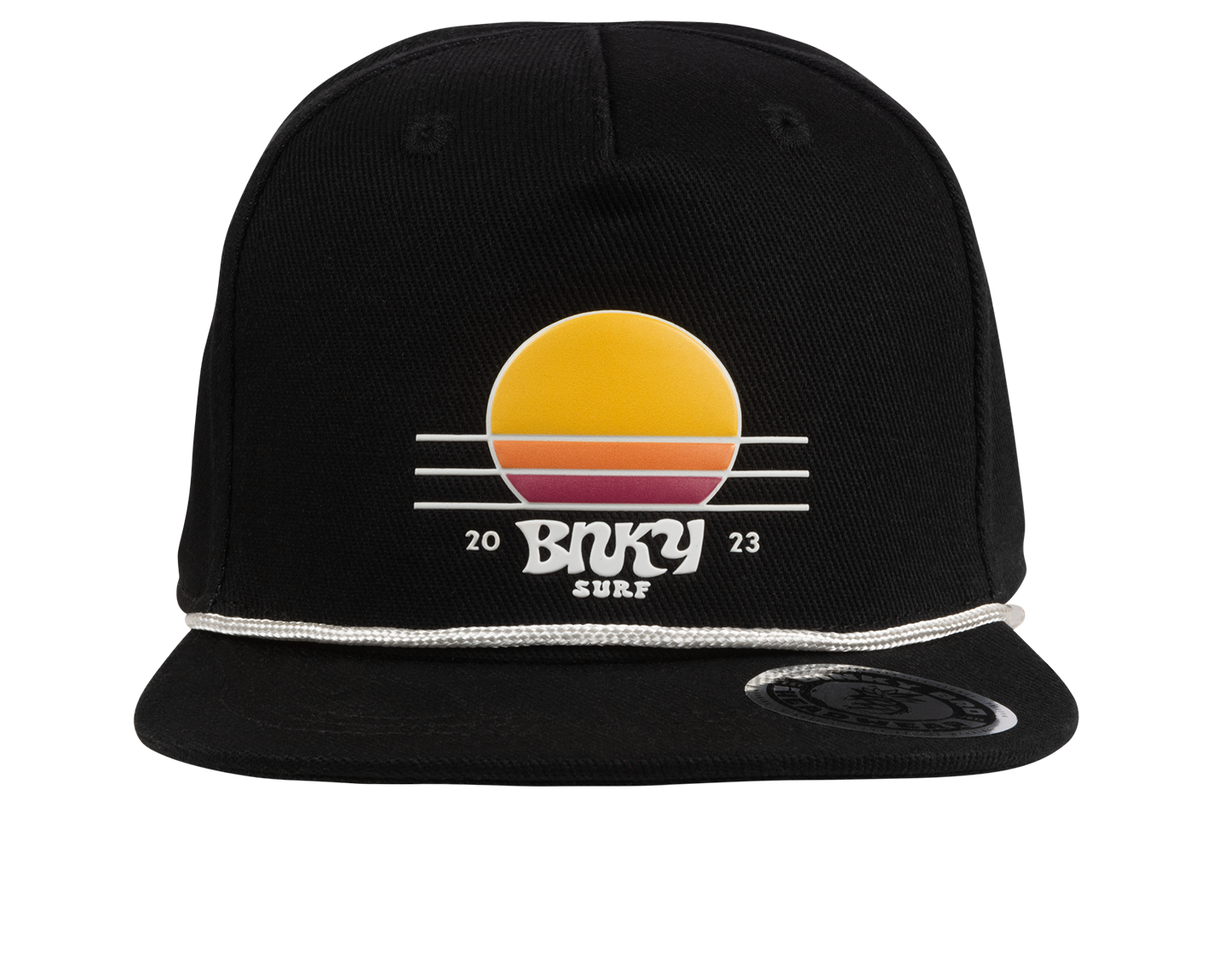 Black snapback hat featuring a retro sunset graphic with the text "Binky Surf 2023" and a decorative white rope detail.