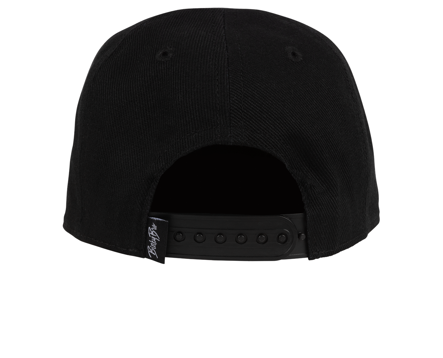 Black snapback hat featuring a classic design with an adjustable strap at the back for a comfortable fit.