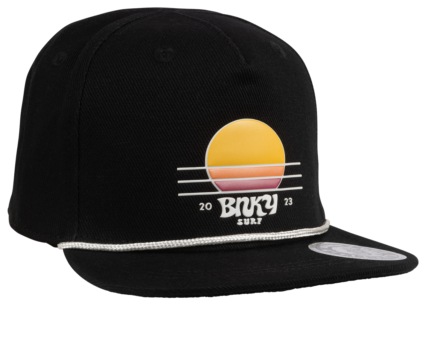 Stylish black snapback hat featuring a retro sunset graphic and Binky branding, perfect for kids' surf and skate culture.