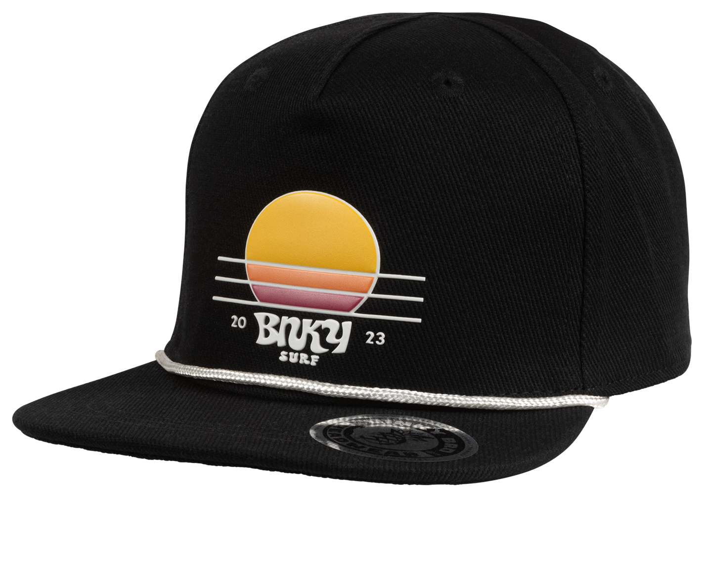 Stylish black snapback hat featuring a vibrant sunset graphic and a braided cord, perfect for surf and skate enthusiasts.