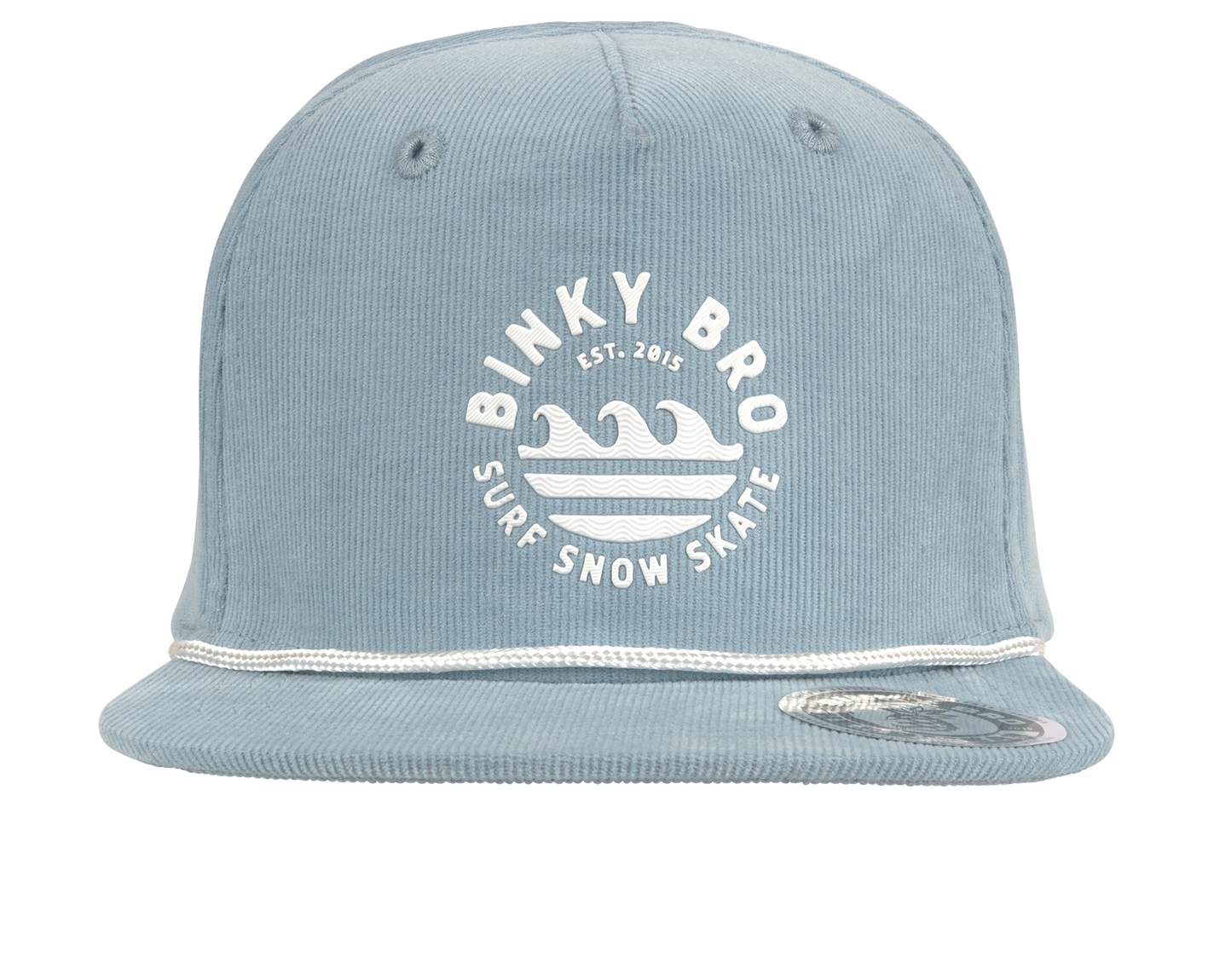 Light blue snapback hat featuring a white wave logo and "Binky Bro" text, designed for kids with a surf-snow-skate vibe.