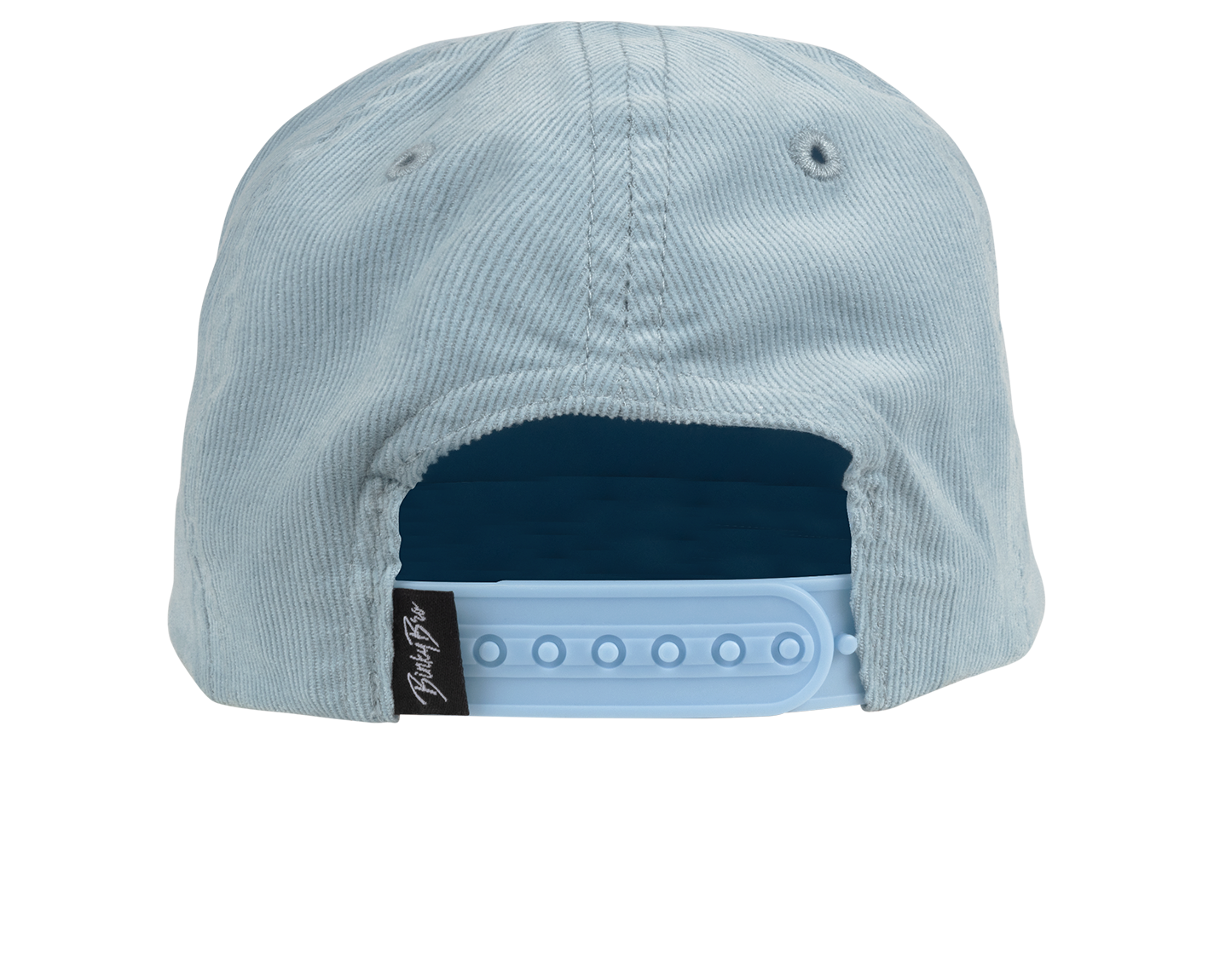 Light blue corduroy snapback hat with an adjustable strap and a logo tag on the back, designed for kids.