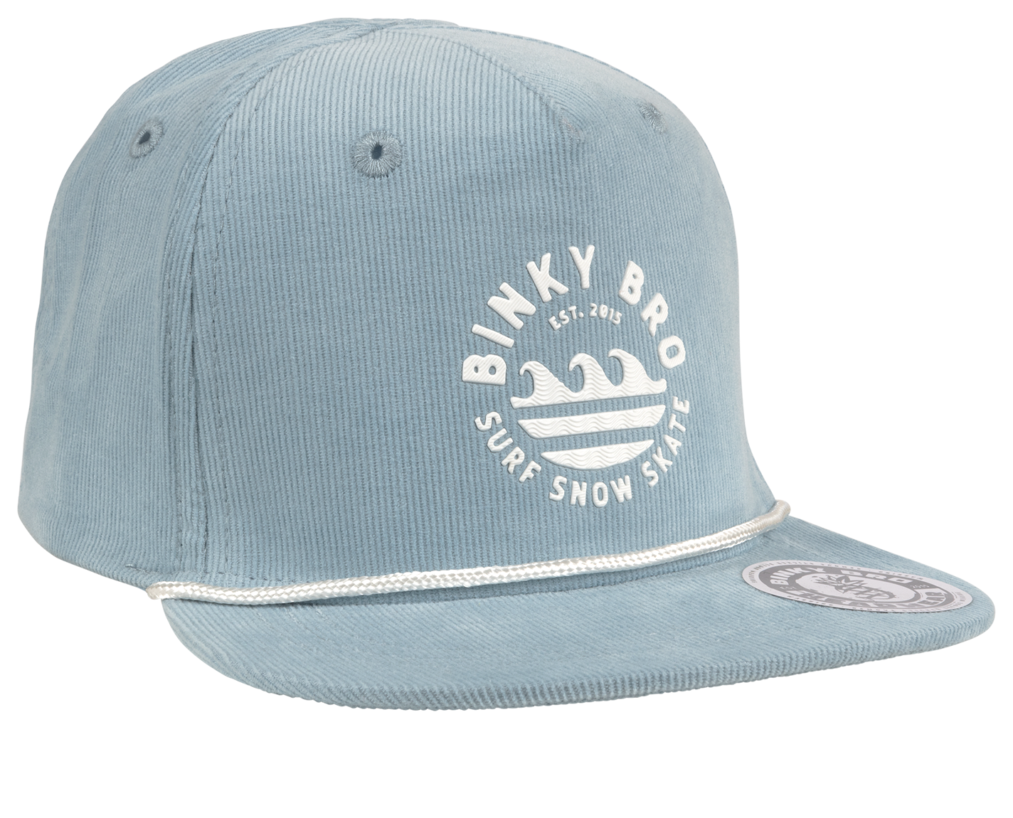 Light blue corduroy snapback hat with Binky Bro logo and surf design, perfect for stylish kids who love adventure.