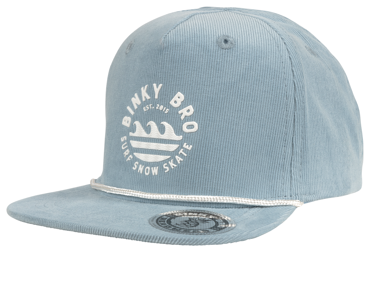 Light blue corduroy snapback hat with a white wave logo and "Binky Bro" text, designed for kids' surf and skate style.