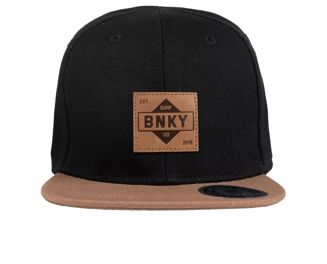 Stylish black snapback hat with a brown visor and a leather BNKY logo patch, perfect for kids' surf and skate lifestyle.